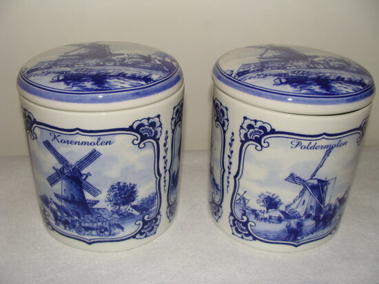 5x Delfts blauwe Pot 'Hollandse Molens' gevuld met stroopwafels